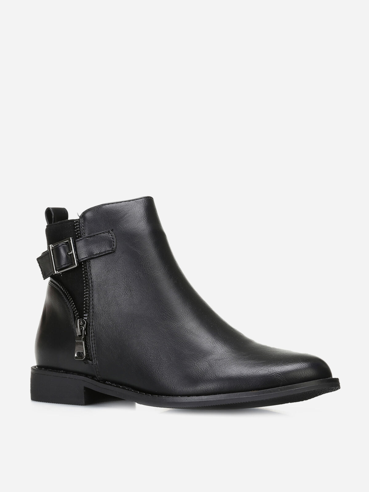 Bottines bi-matières zippées et à boucle- Noir