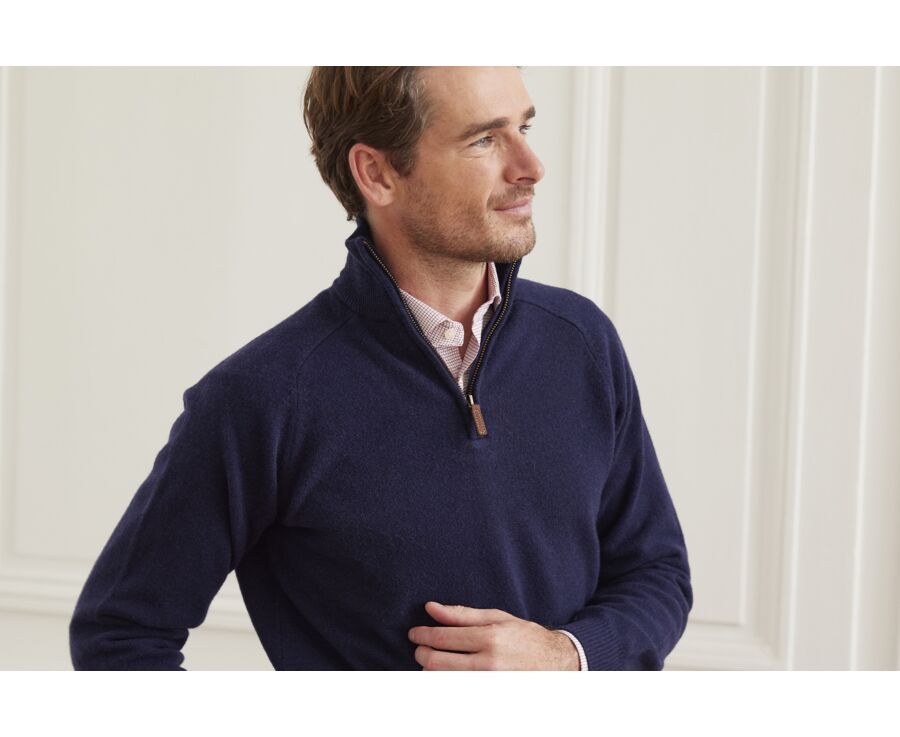 Pull col zippé homme laine Navy - KENNETH