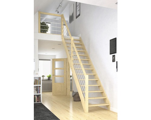 Pertura Elenie trapboom, massief sparrenhout, onbehandeld, recht, 83,5 cm, 14 treden / 15 stootborden, leuning