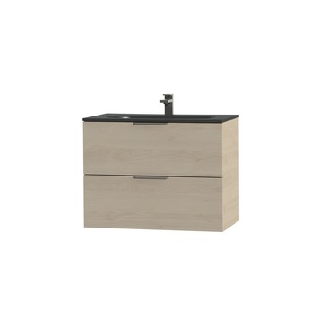 Tiger Studio badkamermeubel 80 cm naturel eiken met wastafel polybeton mat zwart greep rvs plat