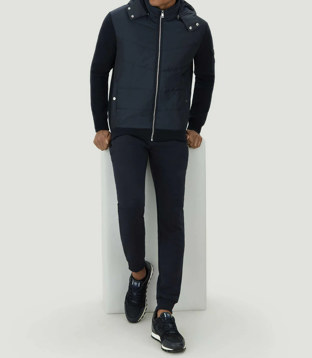 Sweat zippé à capuche bi-matière marine 
