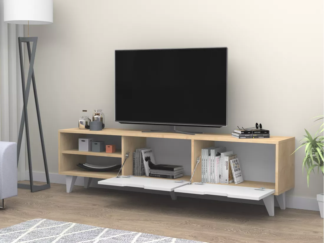Meuble TV avec 2 portes et 2 niches - Blanc et Naturel - CORENIA