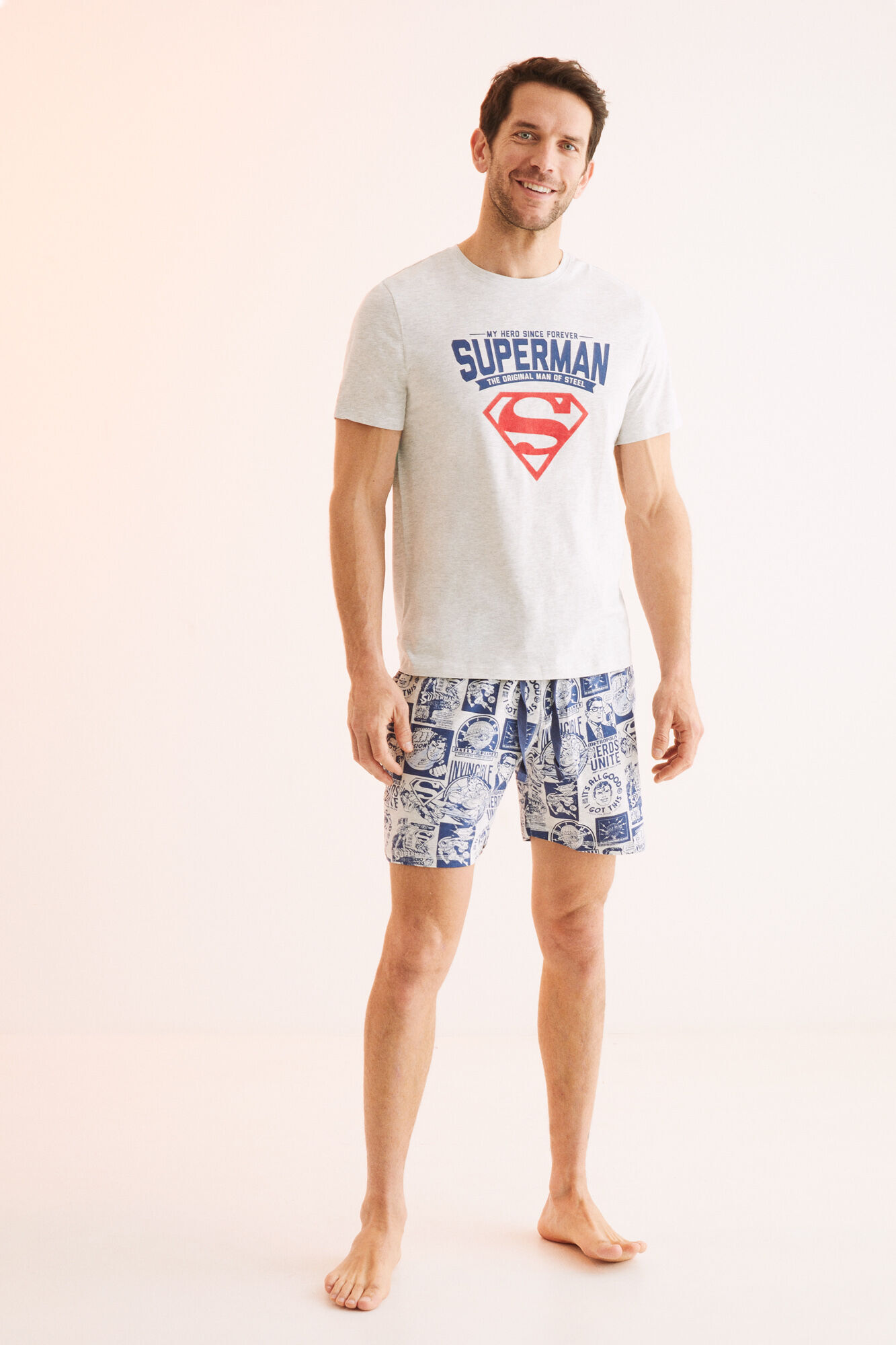 Pijama curto masculino do Superman, 100% algodão, cinza - cinza