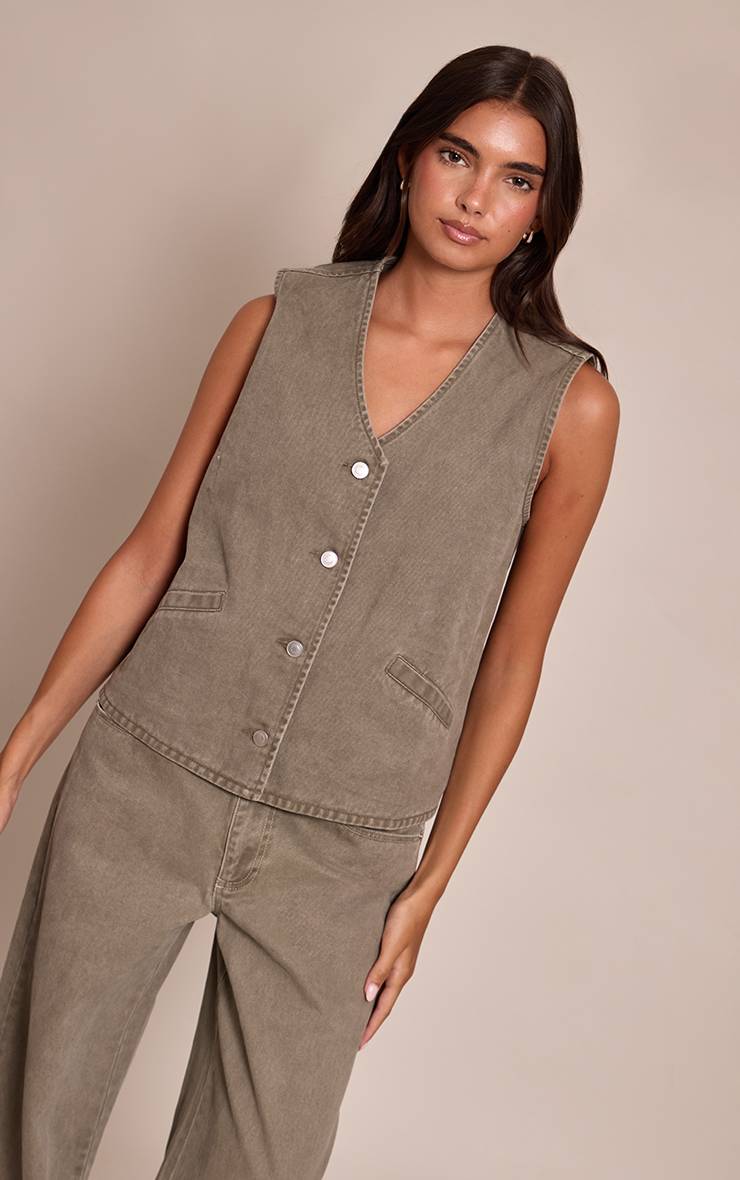 Dark Khaki Gilet En Jean Sans Manches Vintage À Boutons