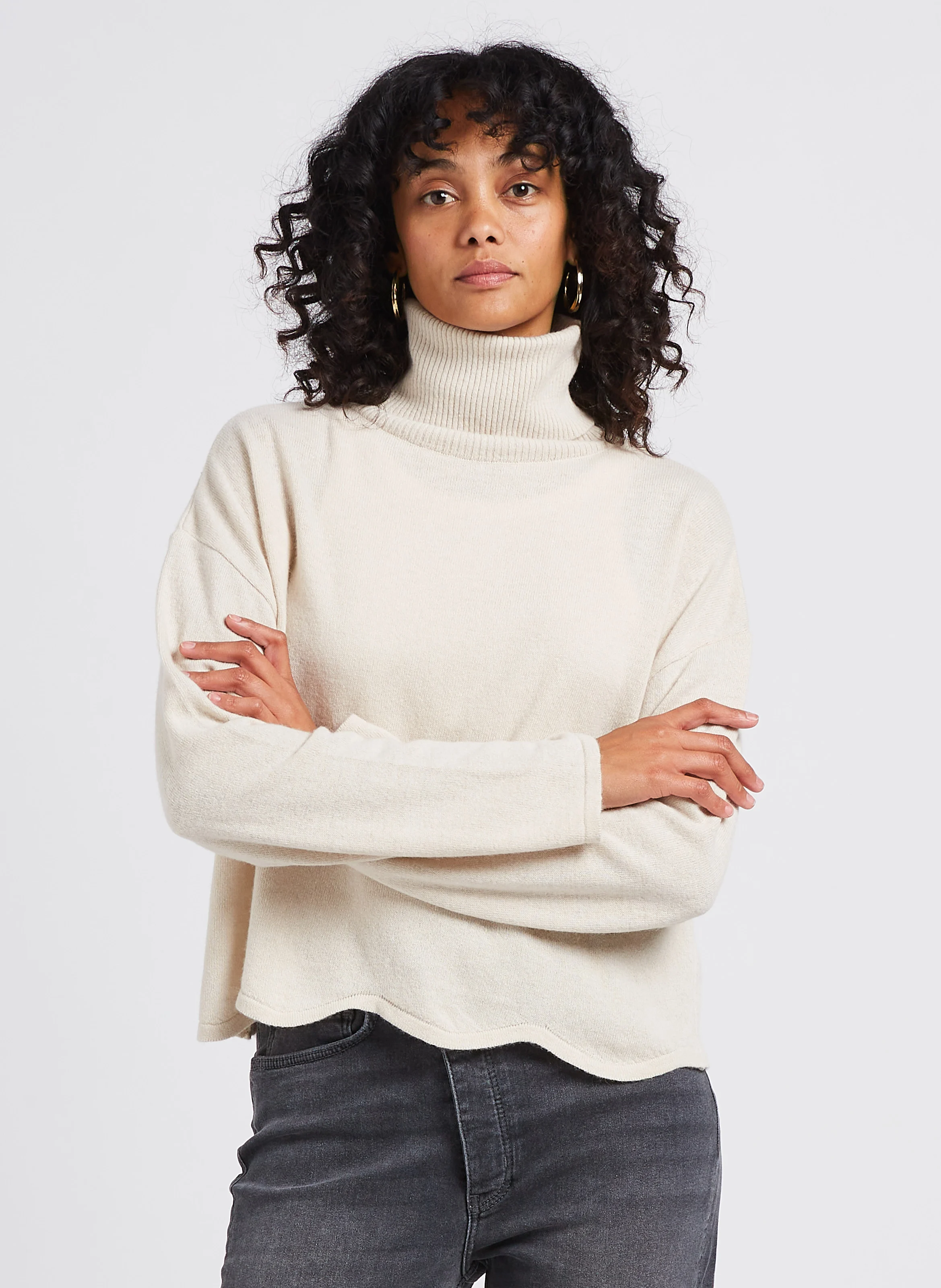JESSE - Pull col roulé droit en maille mélangée | Beige