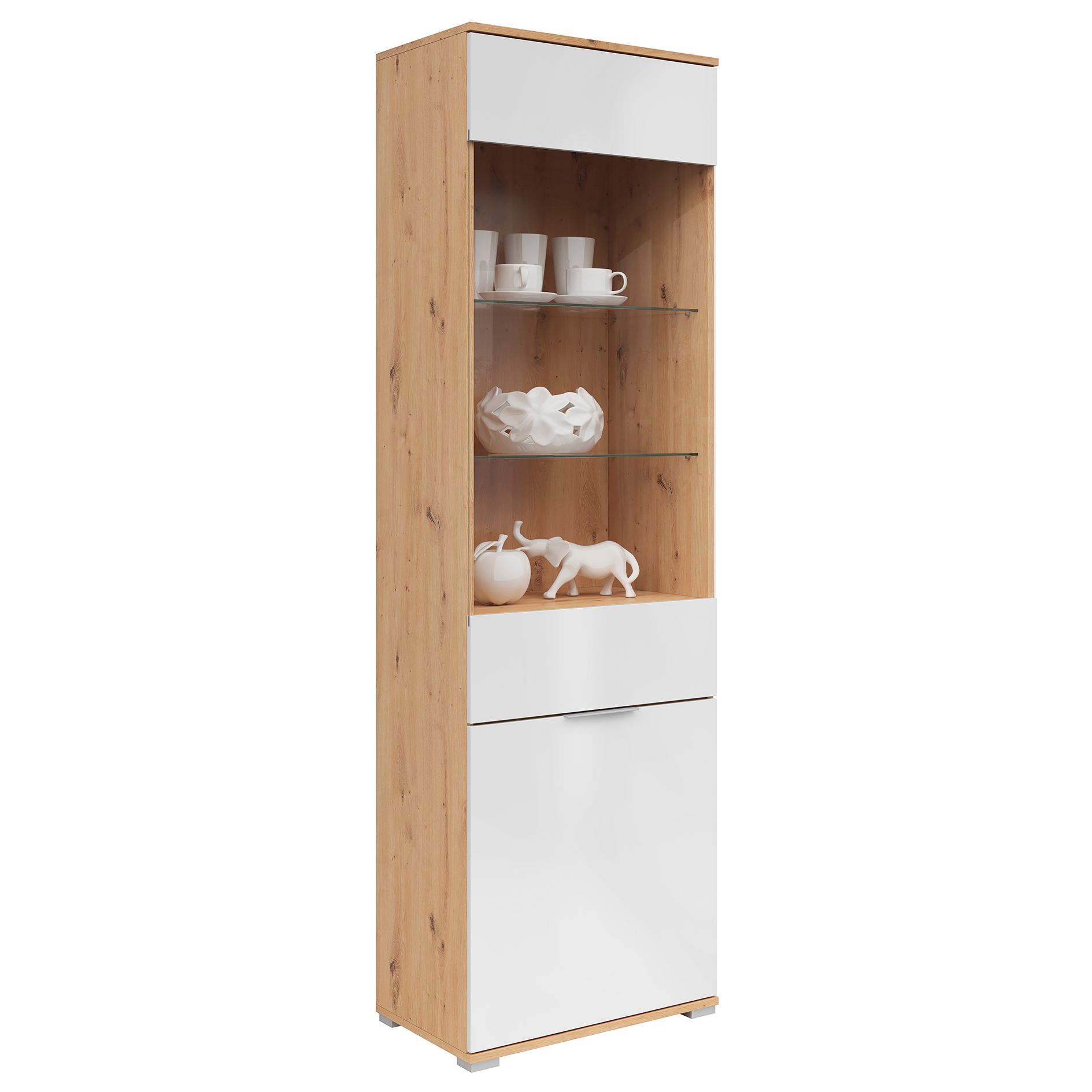 Standvitrine - weiß Glanz - Artisan Eiche - 195 cm hoch