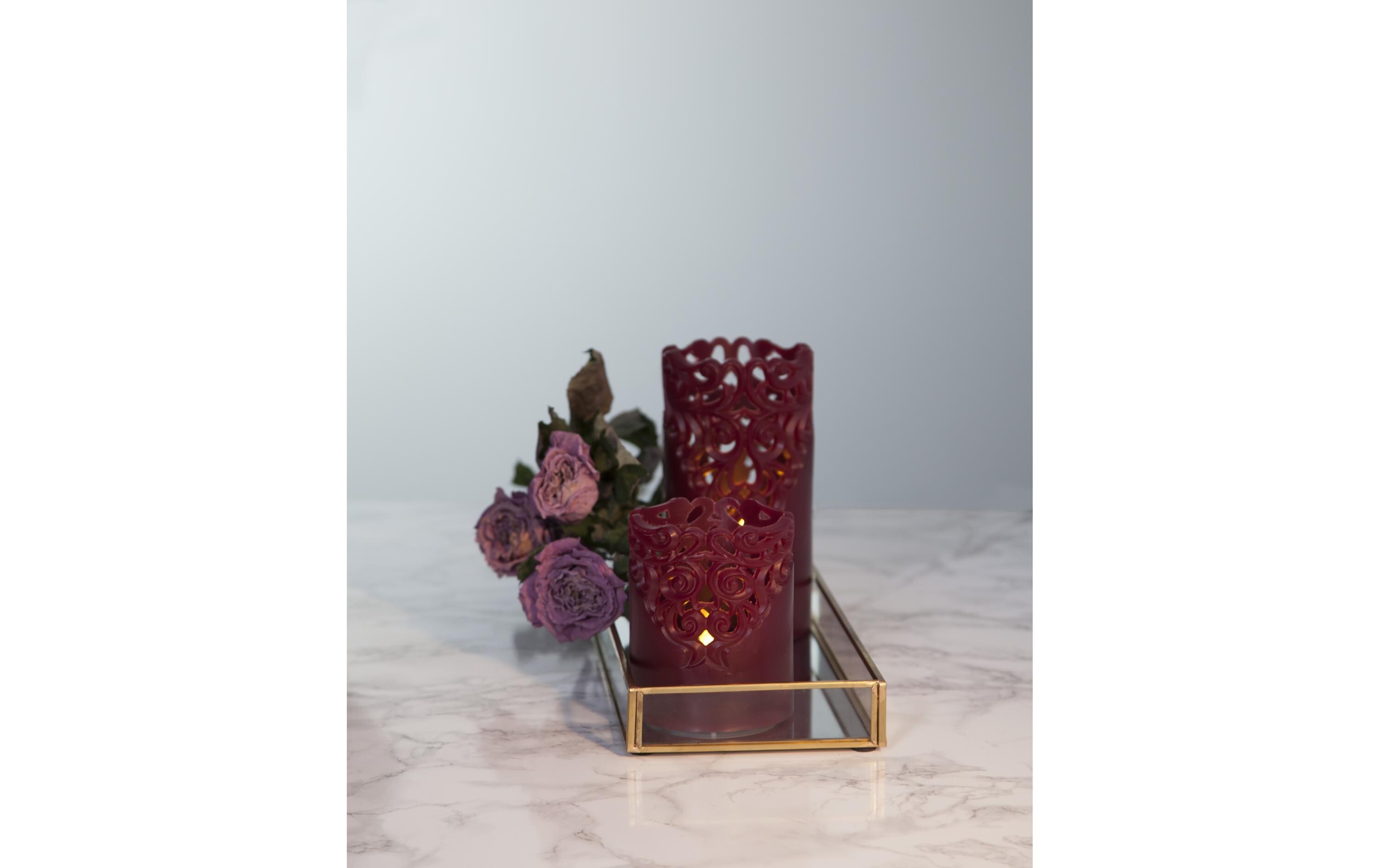 LED-Kerze Pillar Clary Ø 8 x 15 cm, RotLED-Wachskerze mit Ornamenten