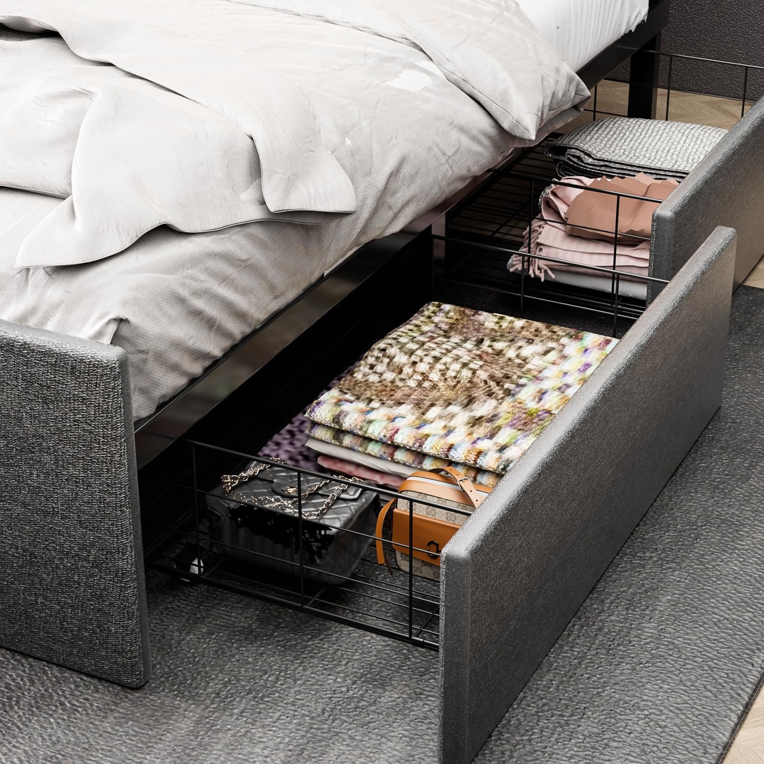 Polsterbett Doppelbett mit LED-Kopfteil und USB-Port, Stauraumbett mit 4 Stauraum Schubladen, Bett Bettgestell mit Lattenrost und bettkasten, Leinen, Grau（140x200 ）