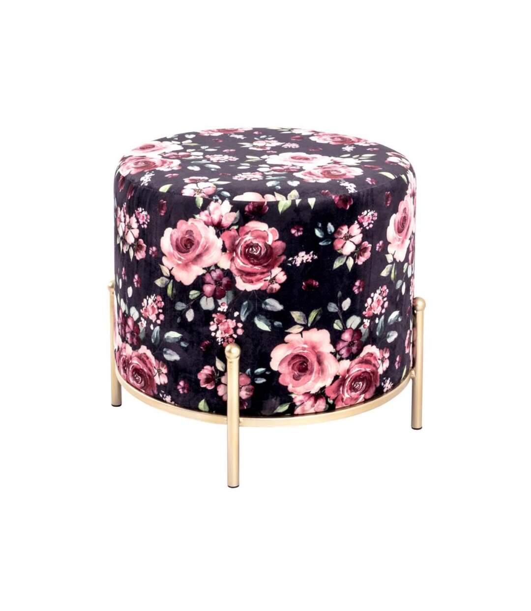 Paris Prix - Tabouret En Velours motif Fleurs 48cm Noir & Rose