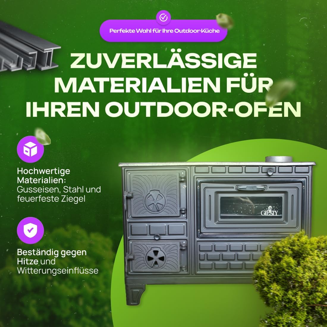 Outdoor-Küchenofen Terrassenofen, Holzofen mit Holz und Holzkohle, Garten-Kamin, Outdoor-Küchenherd, Kuzine Soba (Glastür+2 Rohre+wasserdichte Abdeckung)