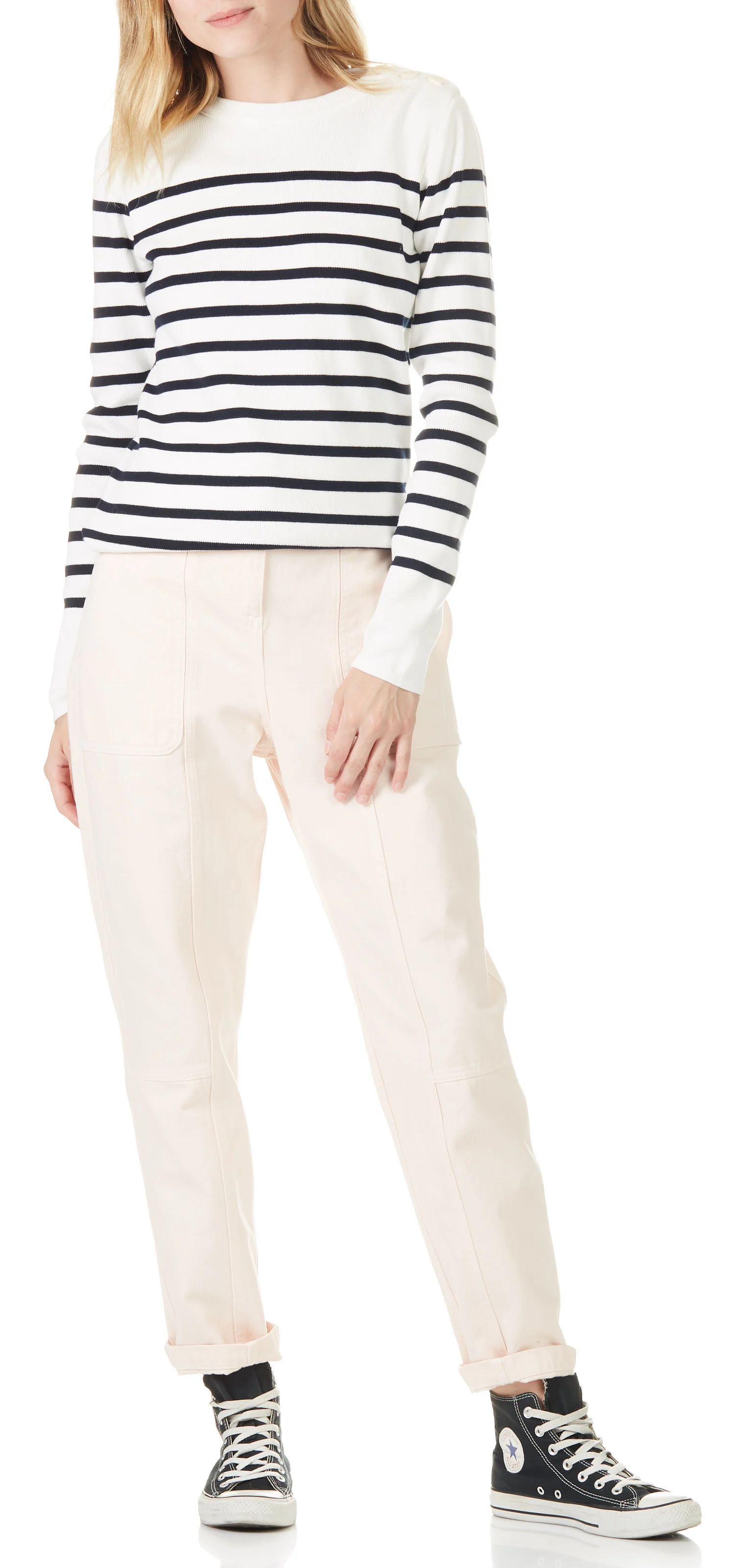 Pull col rond boutonné épaule en coton | Blanc