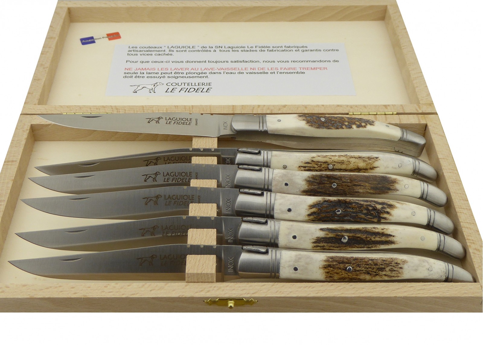 Service de 6 couteaux Laguiole avec un manche en Bois de Cerf et mitres en acier inoxydable