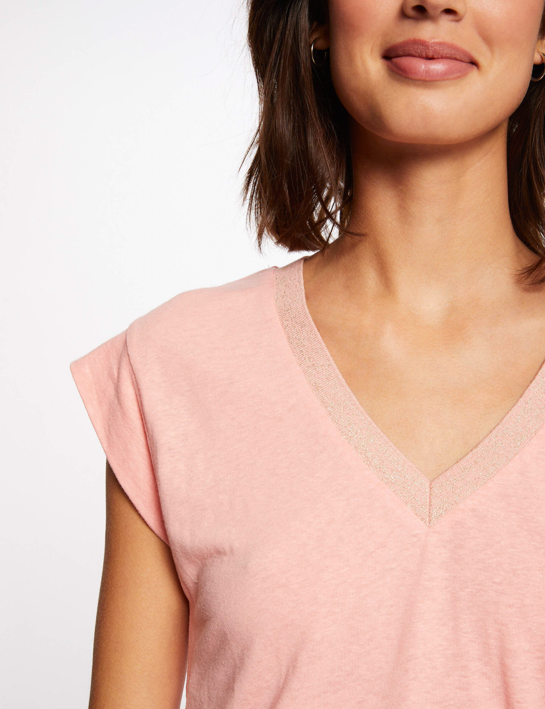 T-shirt manches courtes à col en V rose pale femme - rose_pale