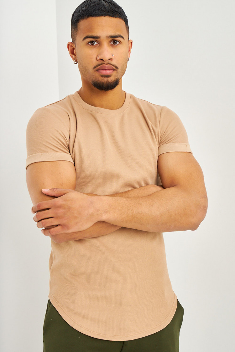 T-shirt côtelé beige foncé manches courtes à revers