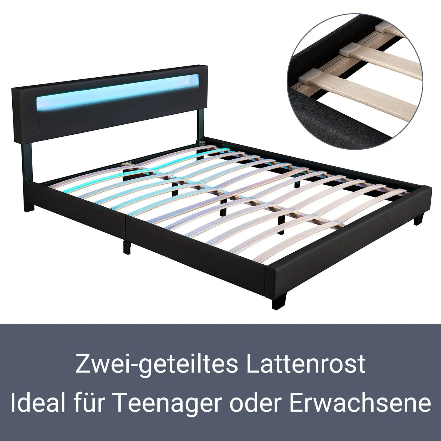 Juskys Polsterbett Paris 180 x 200 cm Doppelbett in schwarz mit Kaltschaummatratze