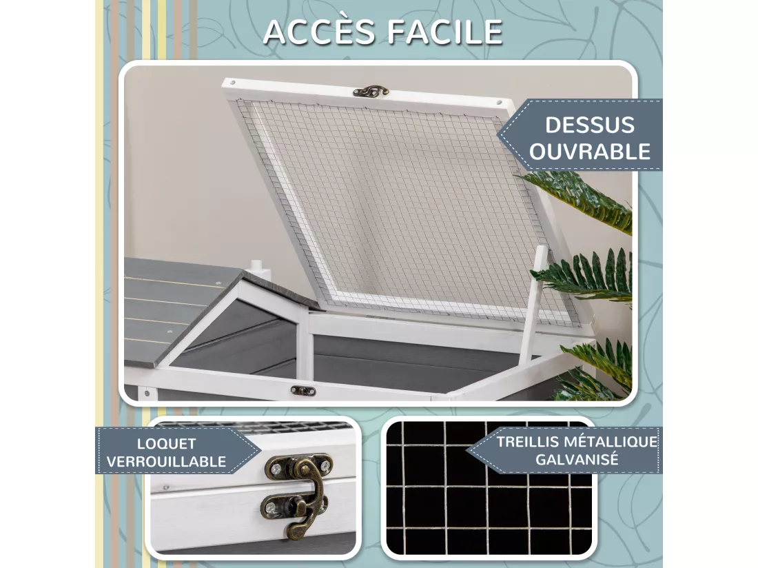 Enclos pour tortue - parc pour tortue - niche, enclos extérieur grillagé, toit ouvrant verrouillable - sapin gris blanc