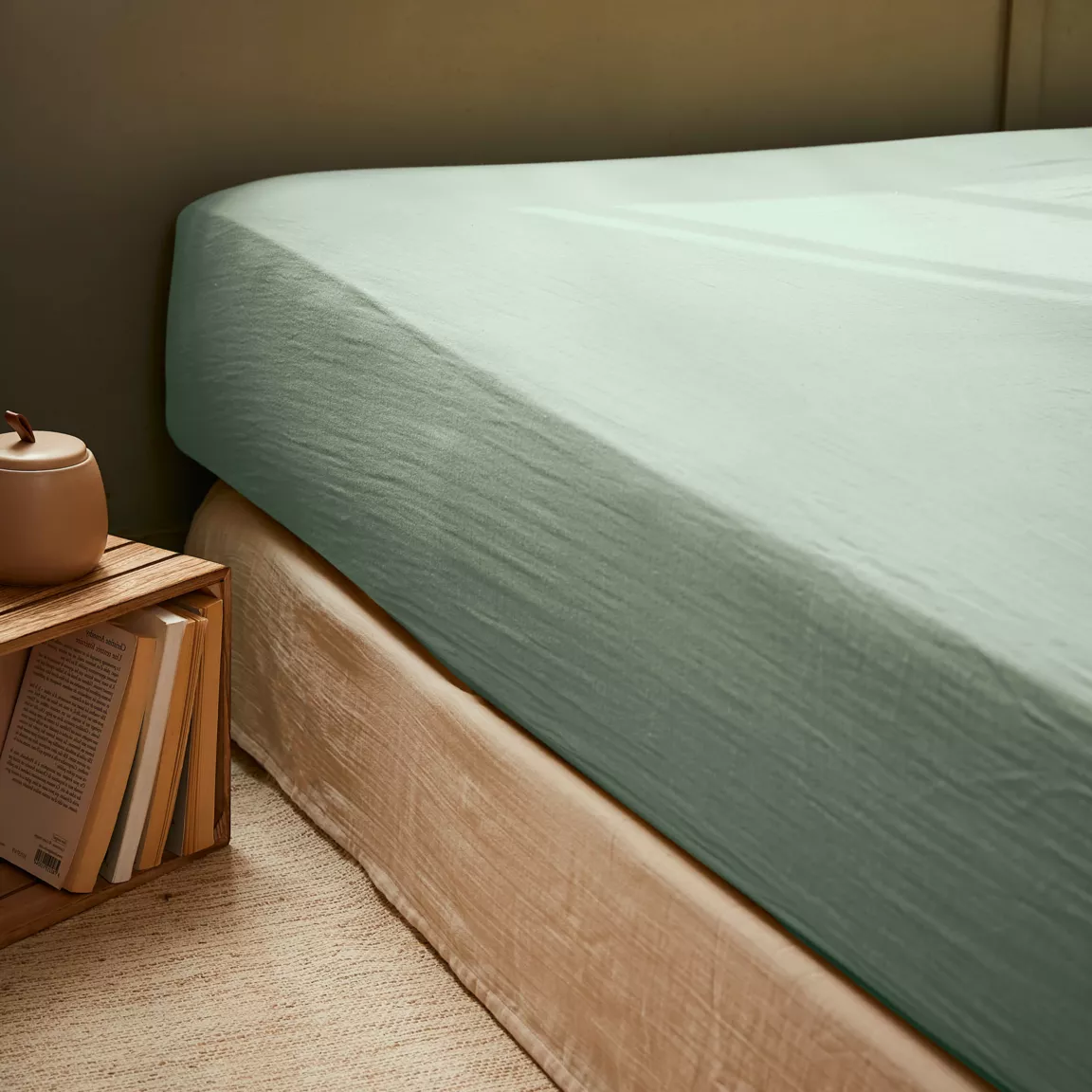 Drap housse gaze de coton (180 x 200 cm) Gaïa Vert eucalyptus