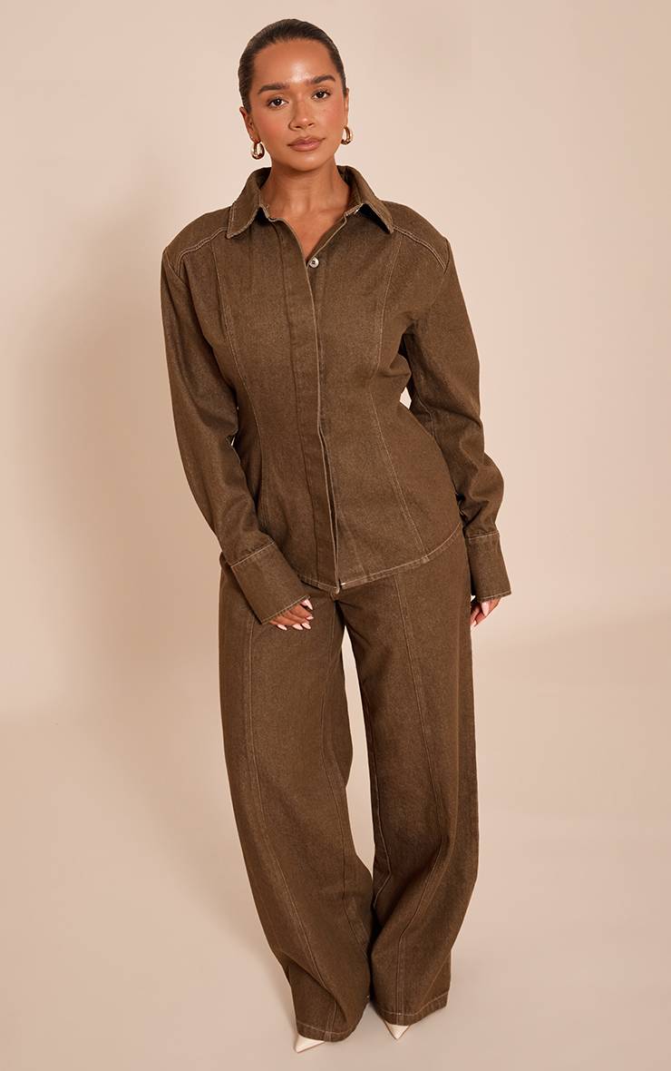 Kaki Pantalon Droit En Sergé Avec Couture Frontale Façonnante