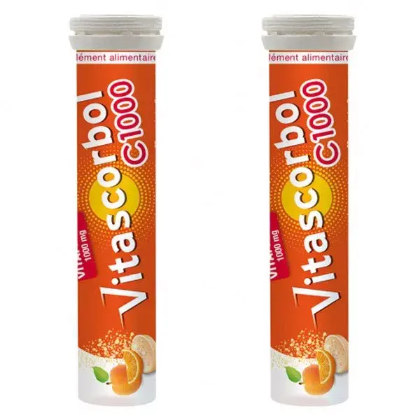 Vitascorbol Vitamina C 1000mg, embalagem com 2 x 20 comprimidos efervescentes.