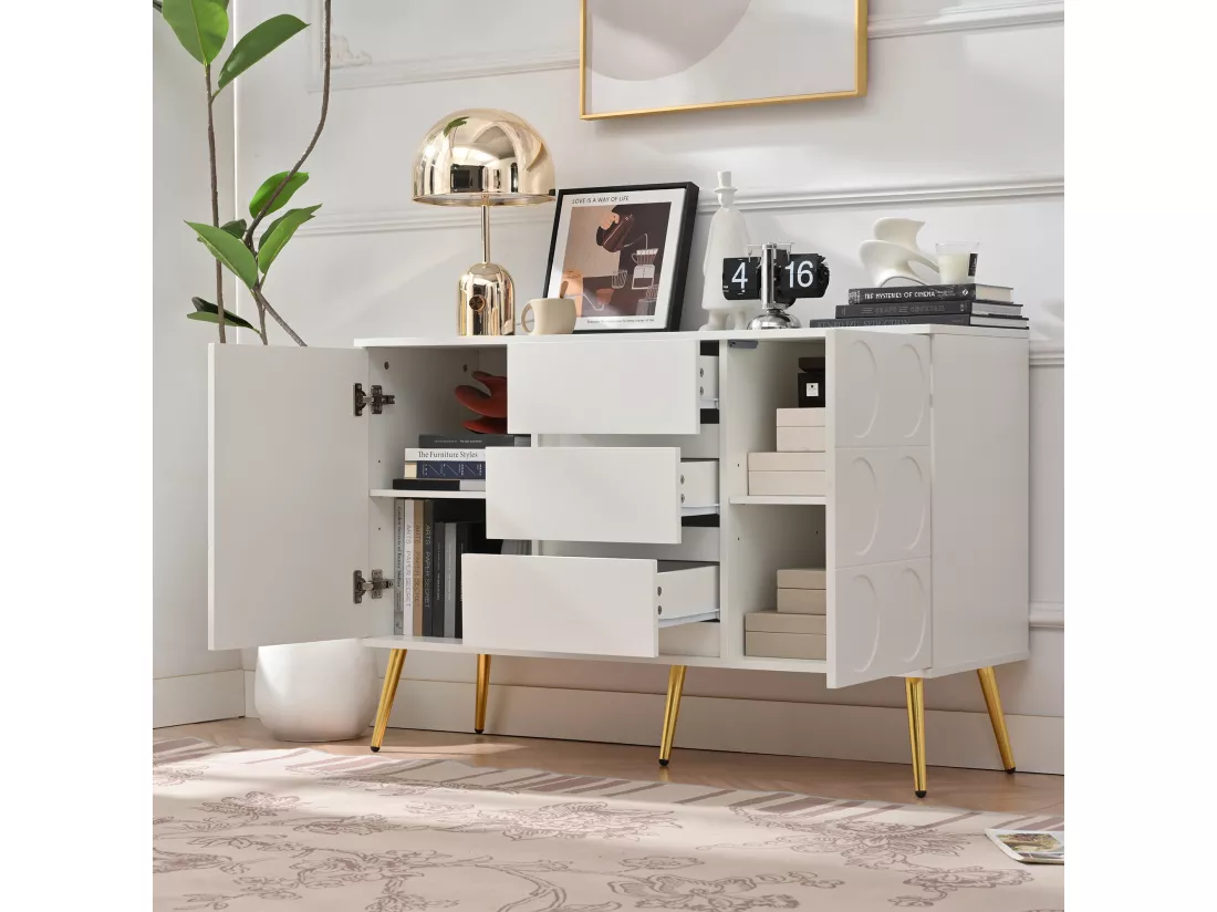Buffet bas avec 3 tiroirs et 2 portes - 120 x 40 x 78 cm - Etagères réglables - Panneaux de particules - pour salon - Blanc