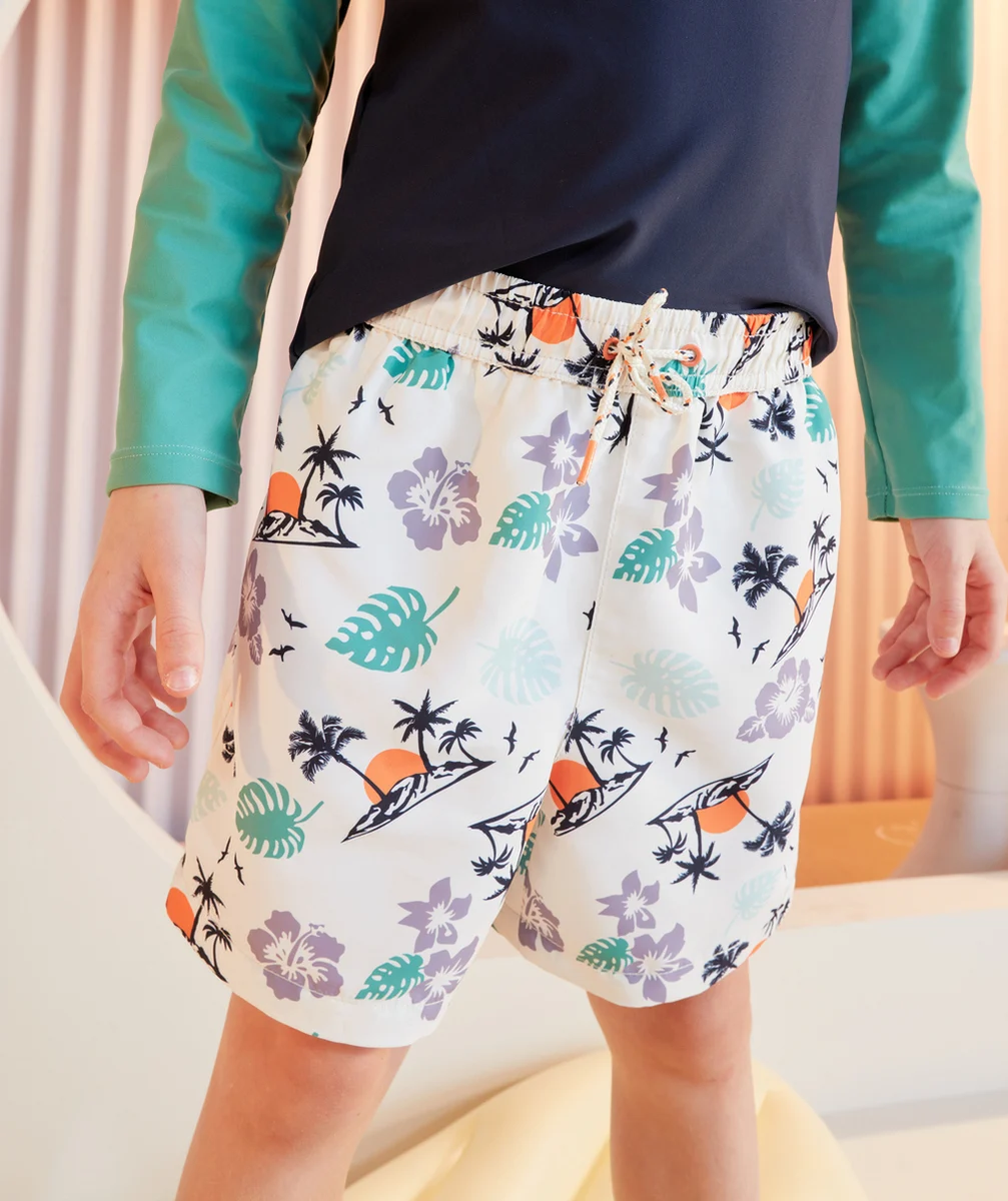 SHORT DE BAIN GARÇON EN FIBRES RECYCLÉES IMPRIMÉ TROPICAL