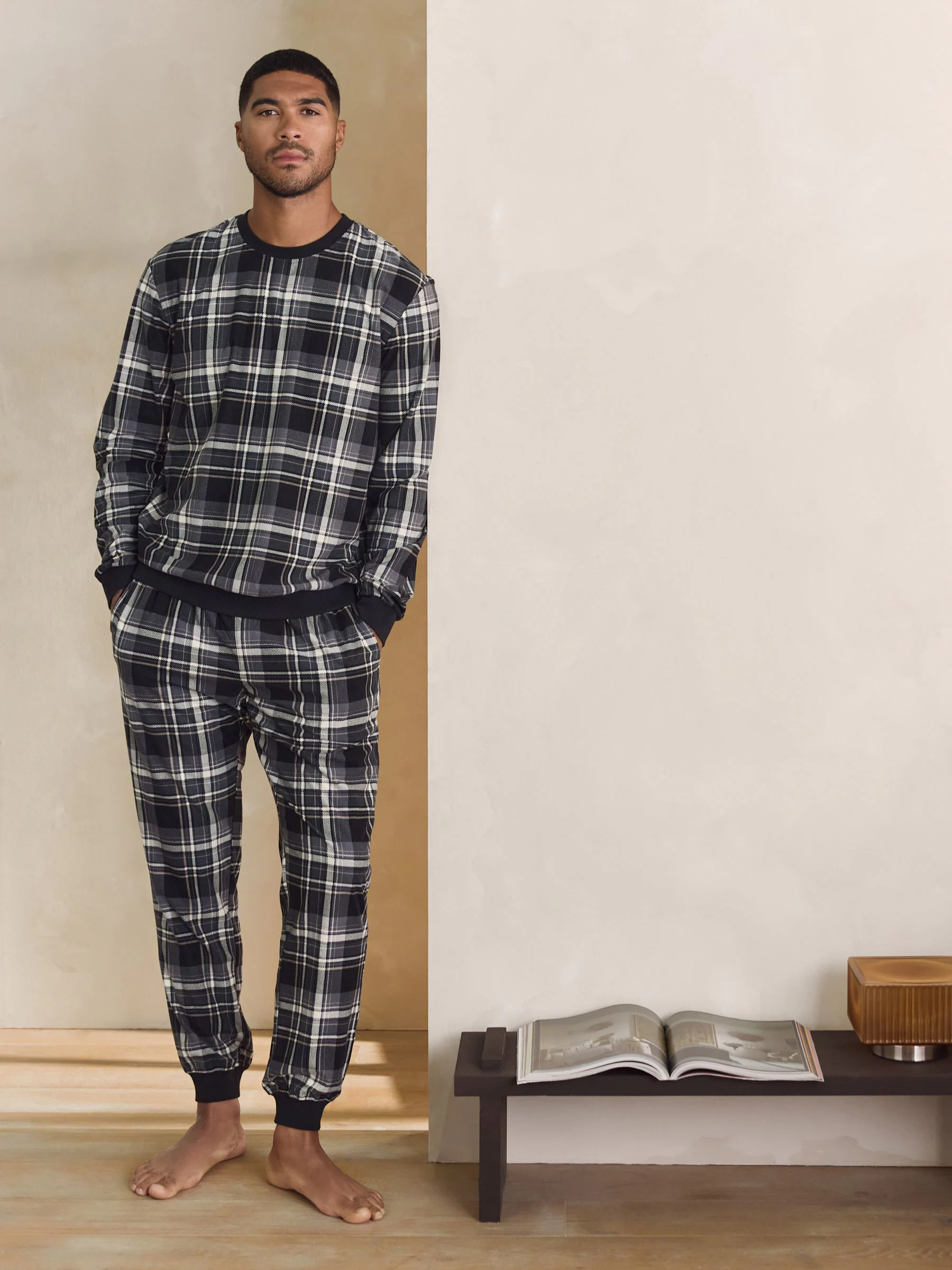 Zwarte ruit - Motionflex - Behaaglijke pyjama met lange mouwen en boorden
