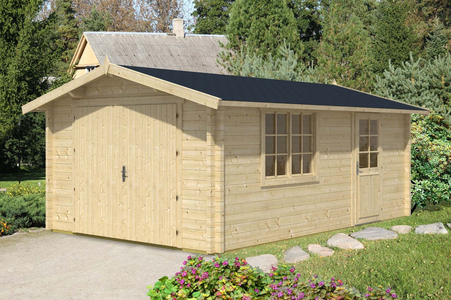 Alpholz A-70 ISO houten garage, natuurlijke houtlook, carport met 70 mm wanddikte, FSC-gecertificeerd, prefab garage met montagemateriaal, geïmpregneerd, 4x6m
