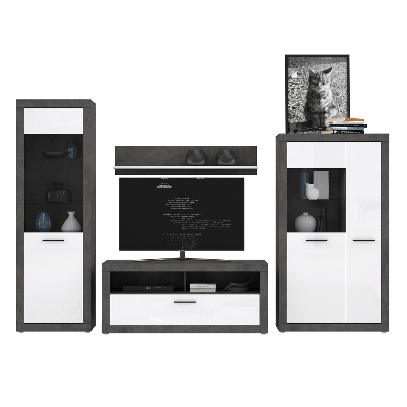 4-teiliges Wohnwand-Set - Betonoptik - weiß - 314 cm breit