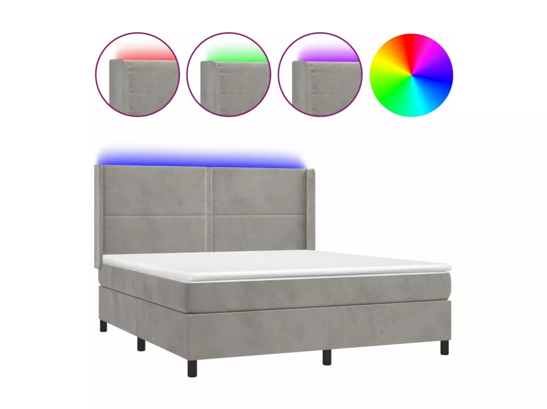 Sommier tapissier matelas et LED Gris clair 180x200 cm Velours