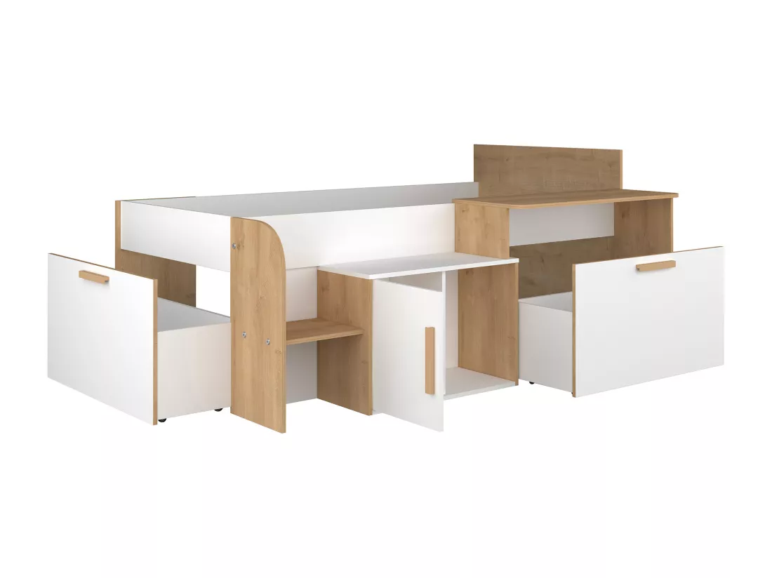 Lit combiné 90 x 200 cm avec bureau et rangements - Coloris : Blanc et naturel - PEDRO