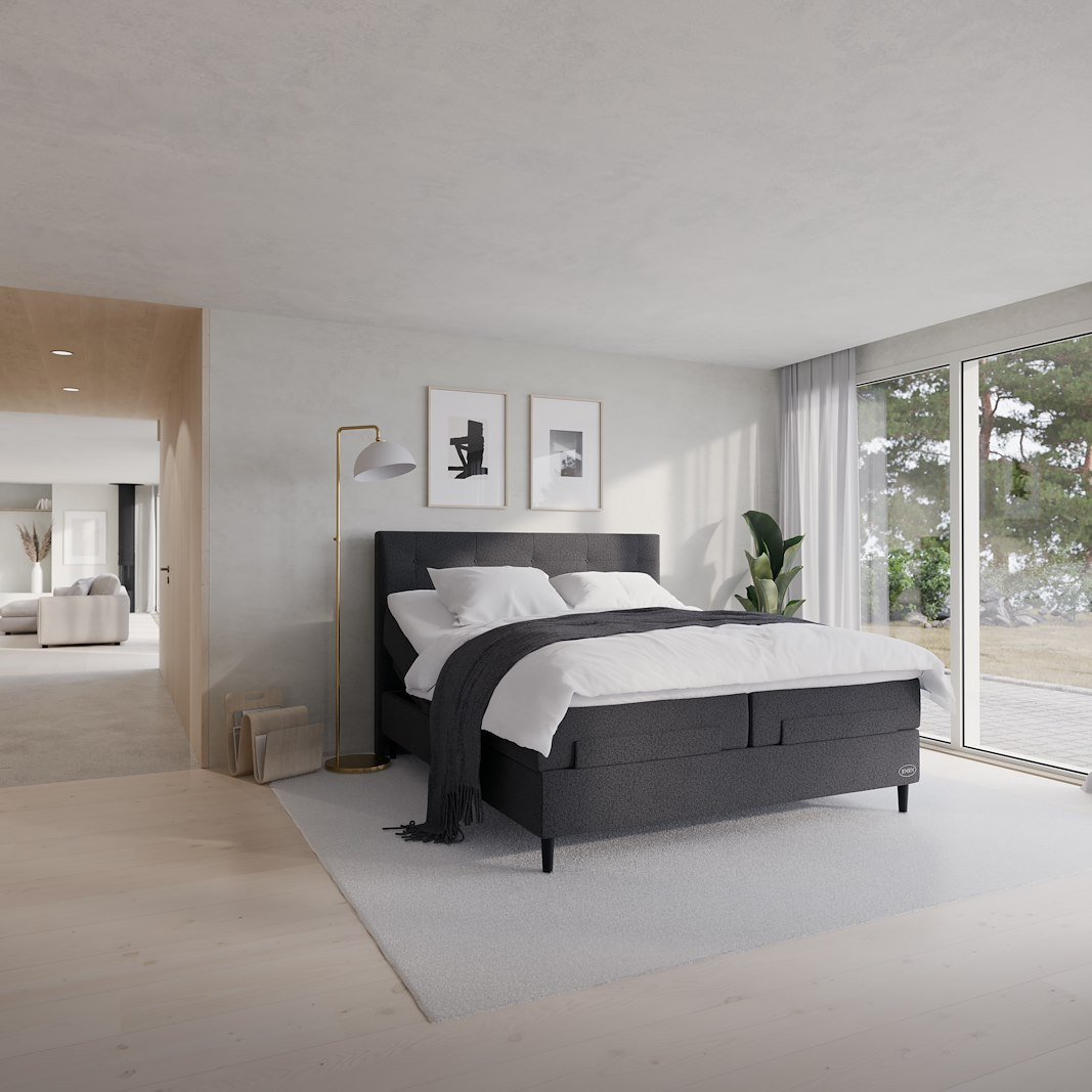 Opal Aqtive II regulerbar 210x210 cm Tekstil 179 antrasitt, fast/ekstra fast,seamless, sleep II split topper overmadrass, Conic 14 cm sorte ben + støtteben