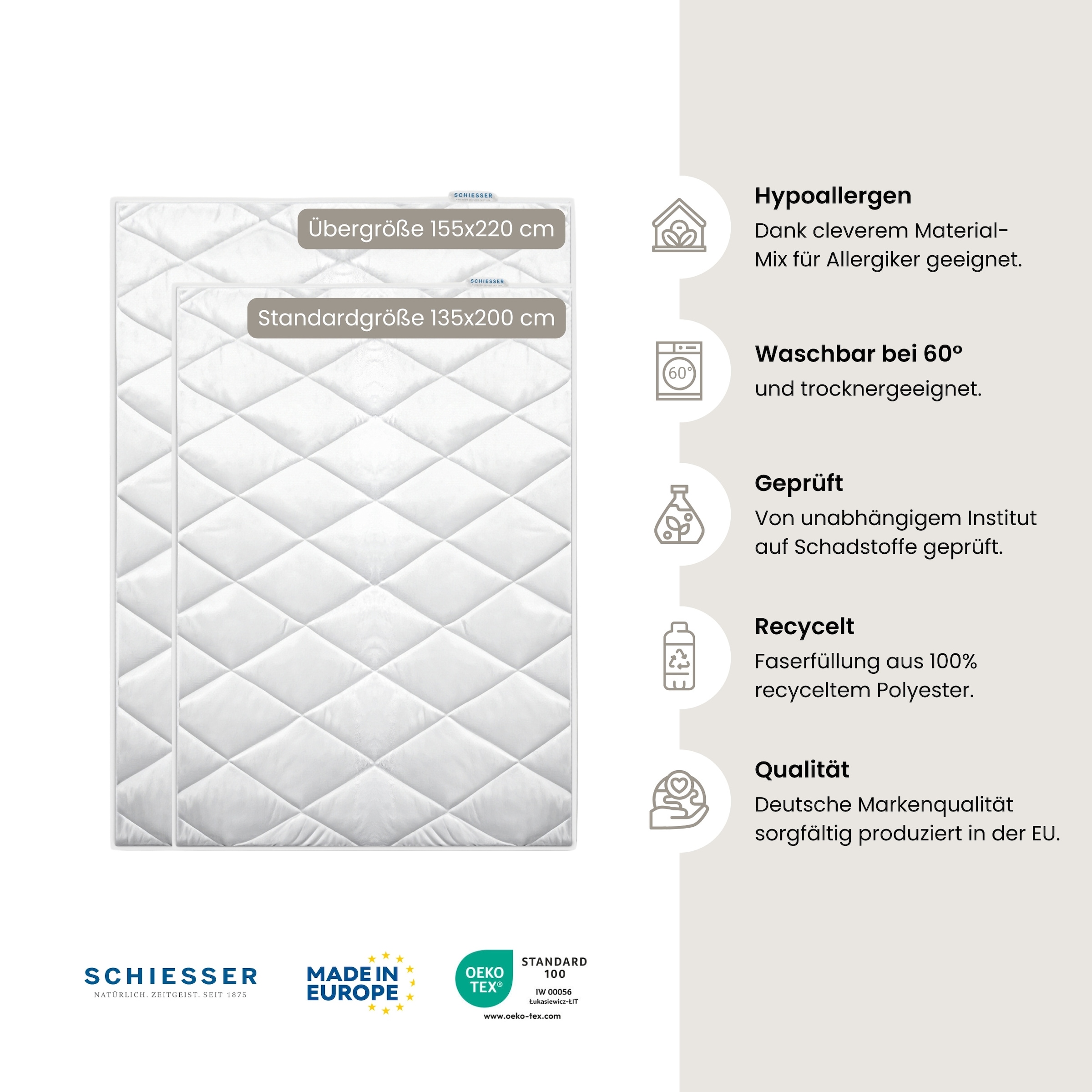 Schiesser 4-Jahreszeitenbett »Lykke - 2 zusammenknöpfbare Steppdecken für Sommer und Winter« 4-Jahreszeiten 1 Stk. tlg. STANDARD 100 by OEKO-TEX® zertifiziert