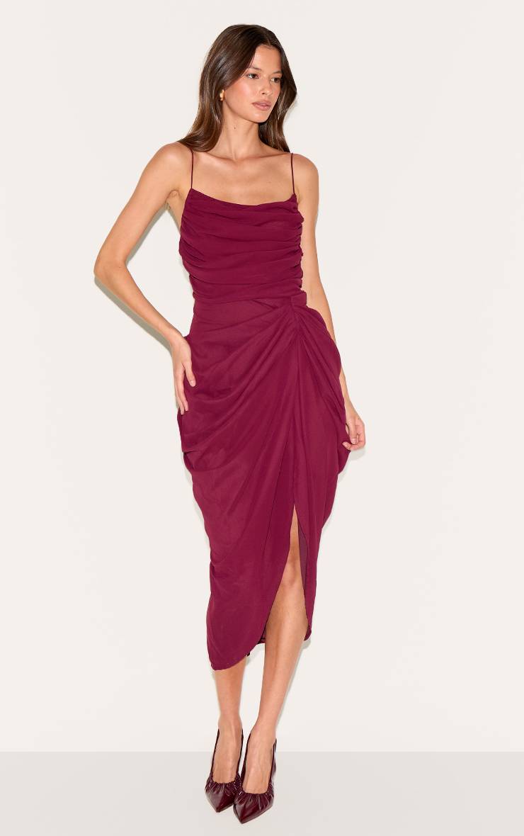 Rouge Vin Robe Midi Drapée Froncée En Mousseline