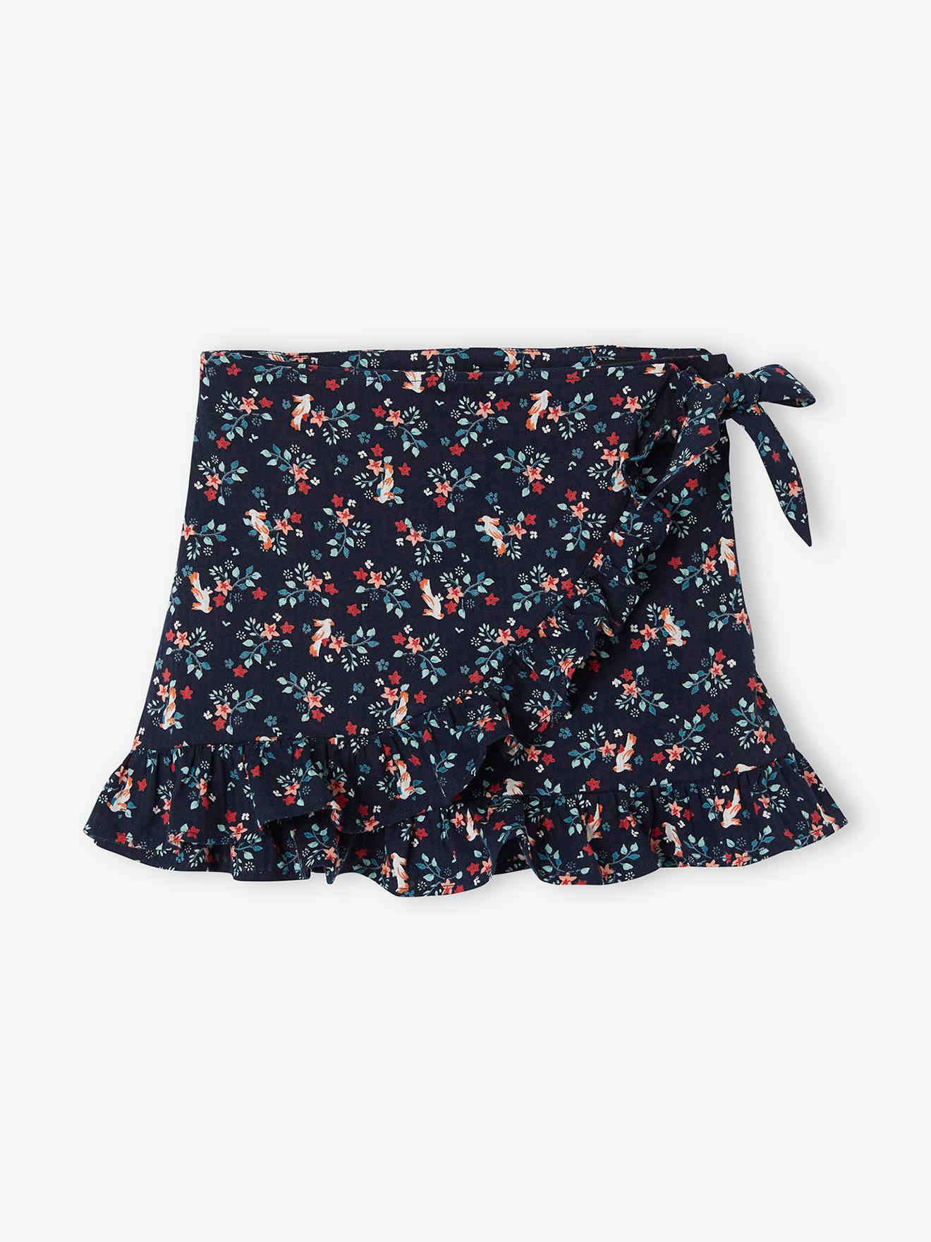 Saia envelope com babados e estampa, para meninas, estampa azul escura