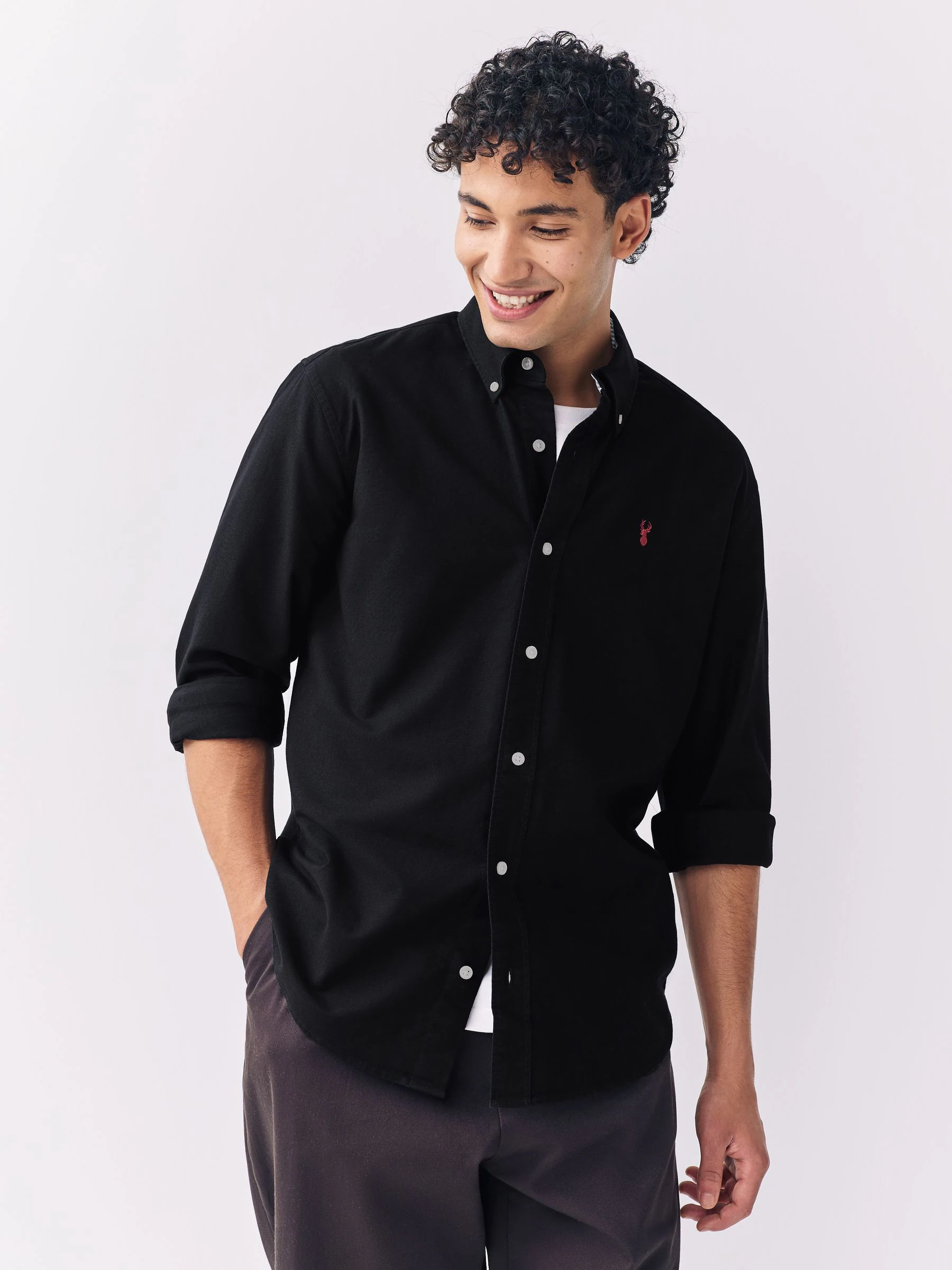 Zwart - Slim Fit - Oxford-hemd met lange mouwen