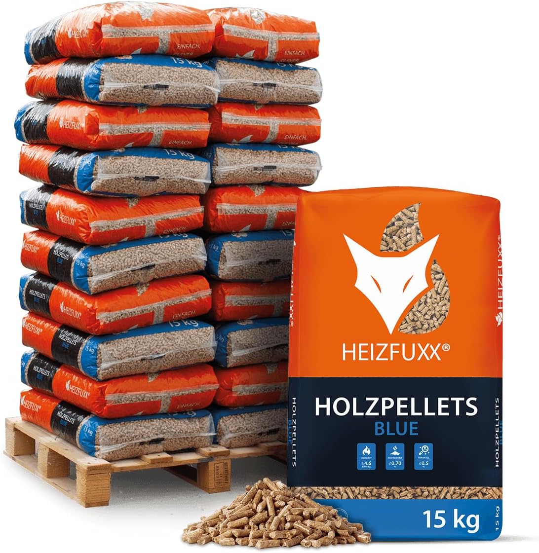 Holzpellets Blue Palette 300 kg (20 x 15 kg) - 6mm Weichholz Pellets mit hohem Heizwert & geringem Ascheanteil - Premium Heizpellets als Sackware für Feuerrohr, Kamin, Ofen oder Grill