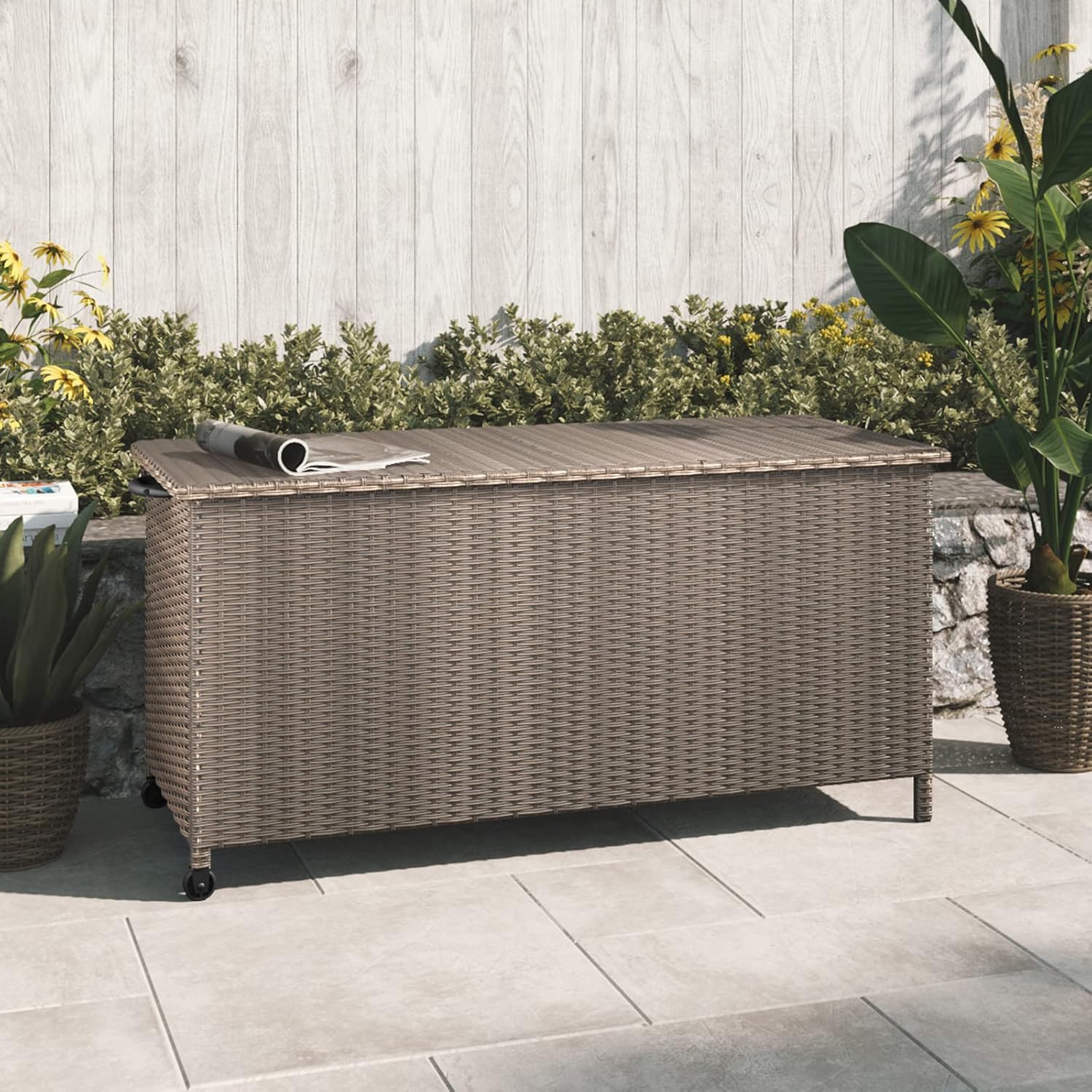 Grand patio Rattan Auflagenbox 480 Liter Gartenbox mit Deckel und Gasdruckfedern, UV-beständig Aufbewahrungskiste mit Zwei Radern, Leicht Bewegen, Kissenbox für Garten, Balkon