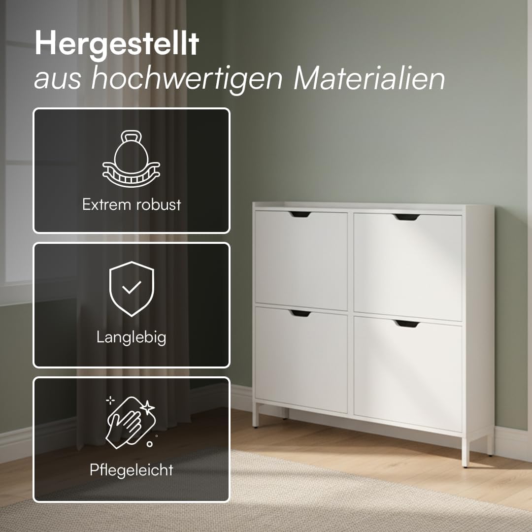 Bellamio Ceyhan Schuhschrank mit 4 Klappen – Schuhkipper weiß aus Holz – Schuhregal schmal 100x19x90cm – platzsparender Flurschrank mit 4 geschlossenen Fächern – Schuhkommode für Flur/Garderobe