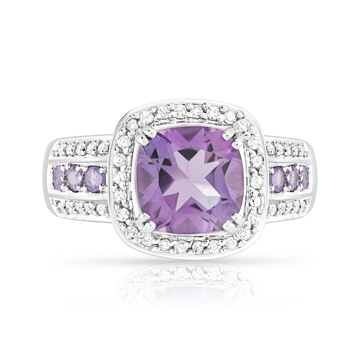 Bague or 750 blanc carrée améthystes et diamants