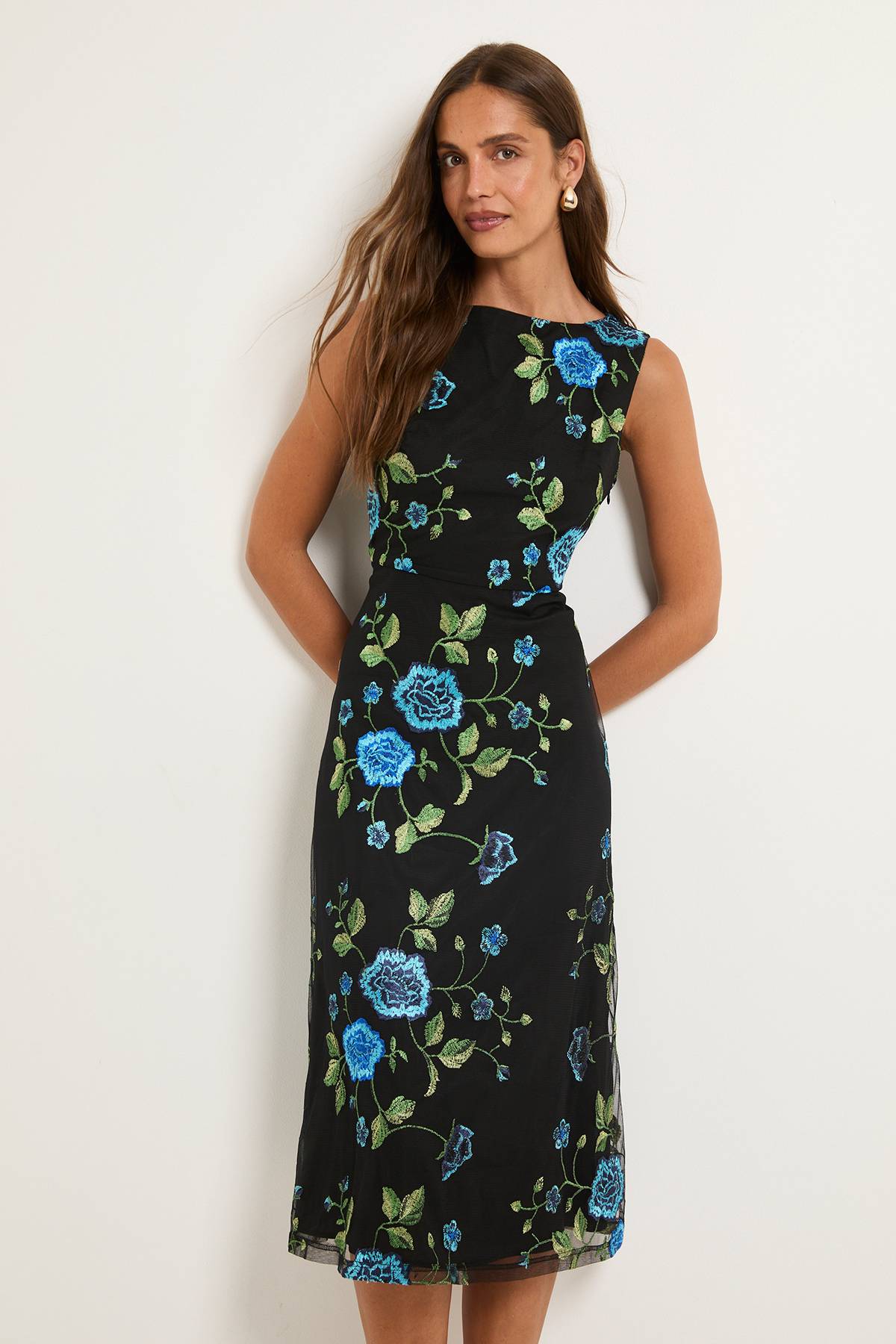 Wallis Robe Midi Ajustée Et Évasée En Tulle Brodé De Fleurs