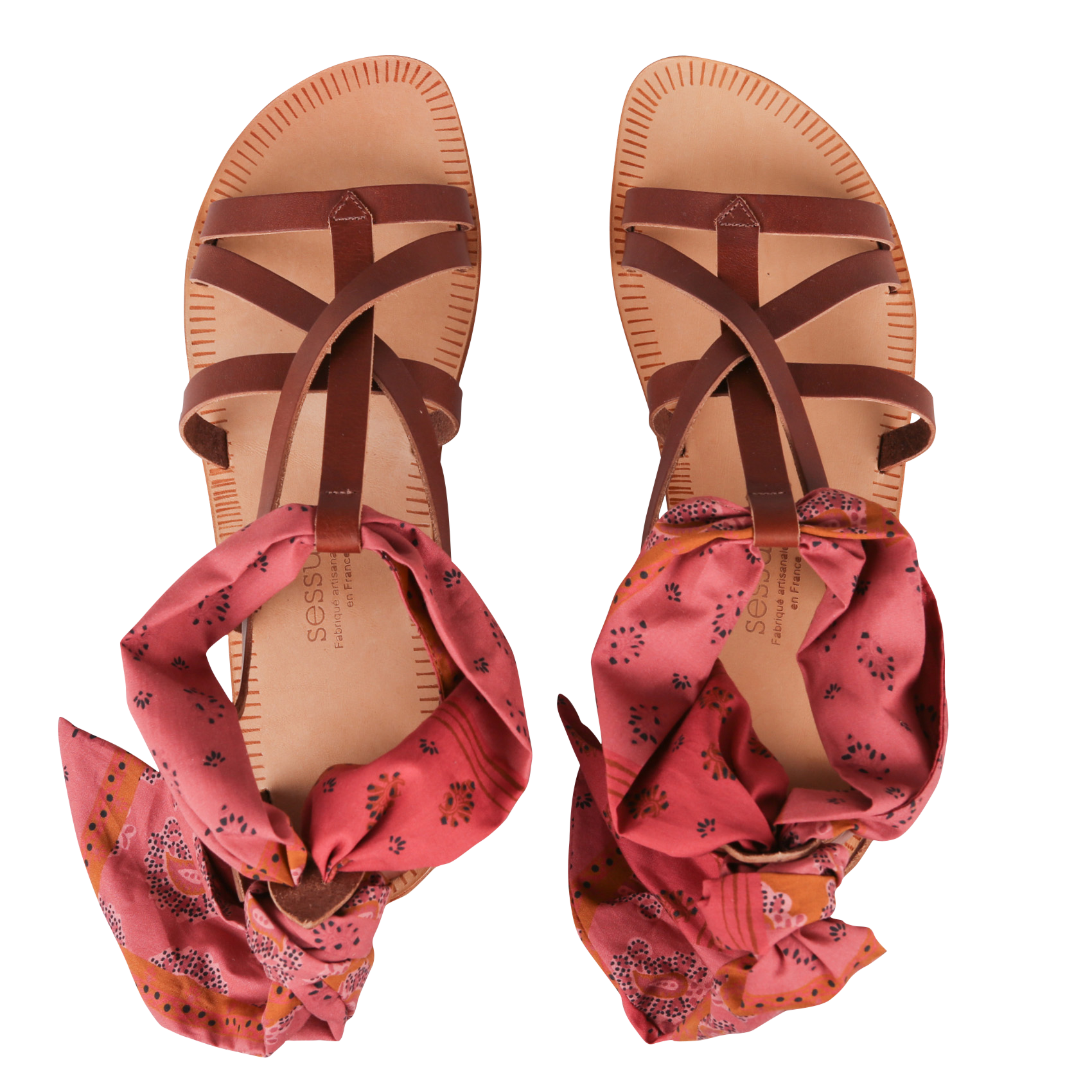 SELENE - Sandales plates en cuir et ruban en popeline de coton imprimée | Marron