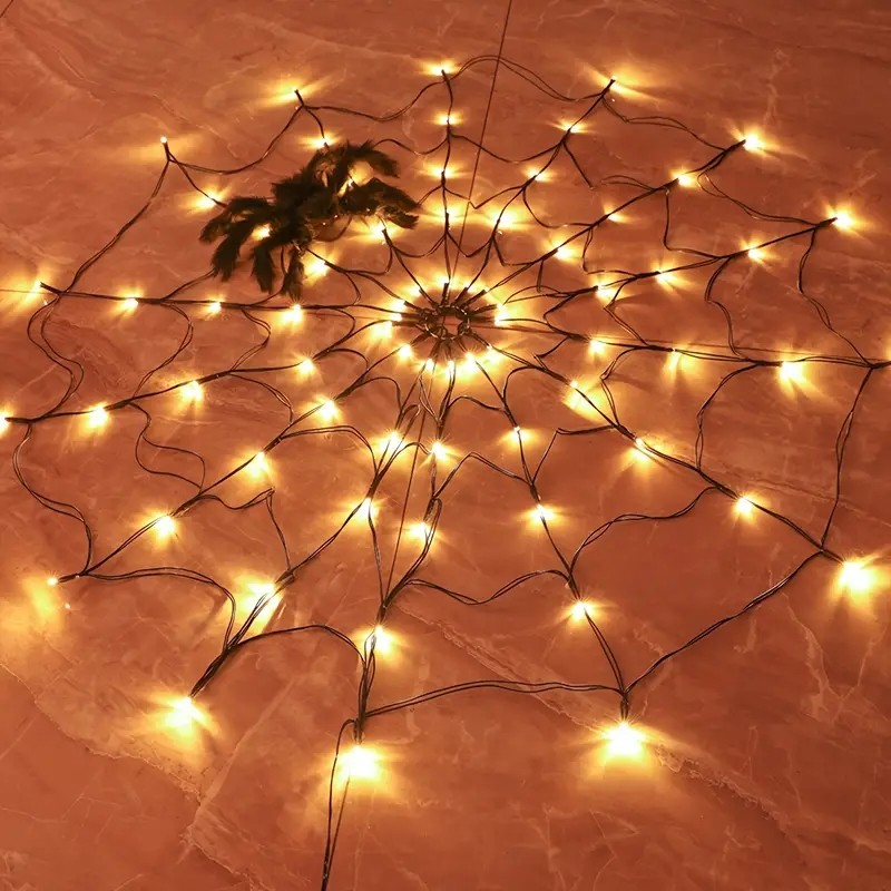 (Ø120cm) 70 LED's Halloween Deko Spinnennetz Lichterkette Dimmbare Spinnen Beleuchtung mit 8 Leucht Modi (Batteriebetrieben) - Warmweiss