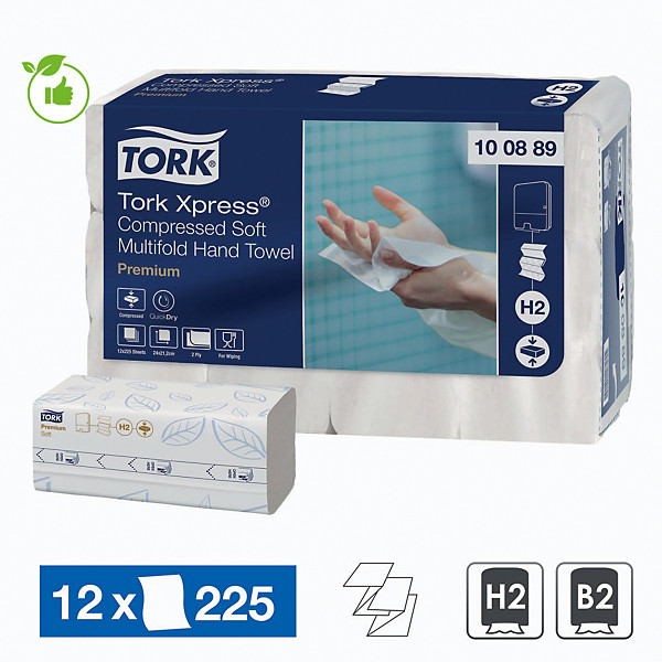 Essuie-mains enchevêtrés compressés Tork Xpress Premium H2, 12 paquets de 225