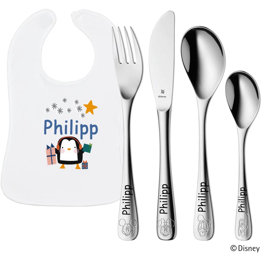 Schnullireich Geschenkset mit Namen WMF Kinderbesteck Mickey & Friends + Lätzchen Pinguin Silber