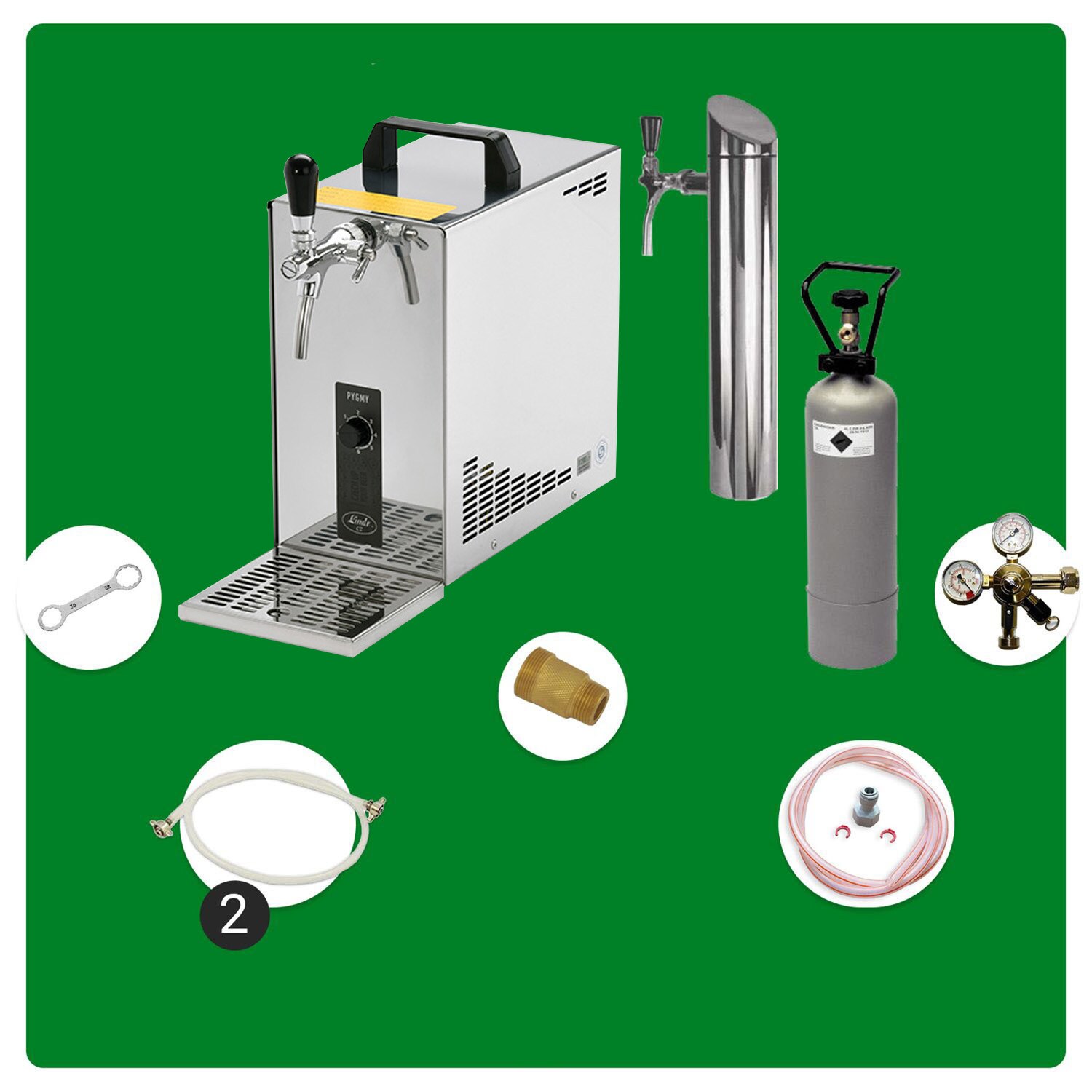 Untertheken Komplett Set - Zapfanlage, Bierzapfanlage, Bierkoffer, Durchlaufkühler PYGMY 25 1-leitig Trockenkühler, 35 Liter/h, inkl. Schanksäule, Green Line, Zapfkopf:NC Adapter