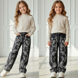 Floral Stitch Wide Leg Jeans – Zwart