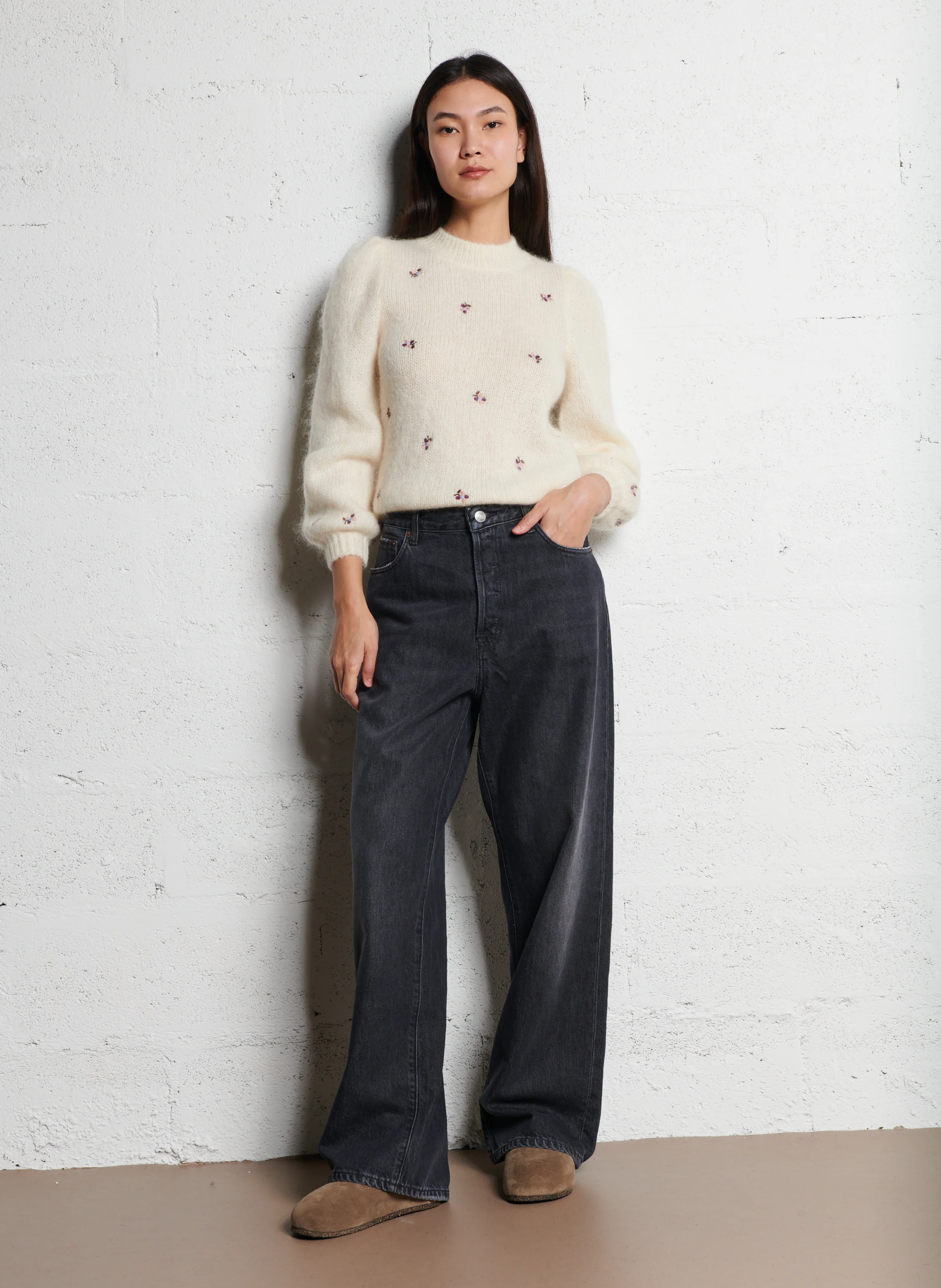 BOUDA - Pull col montant droit en laine mélangée | Beige