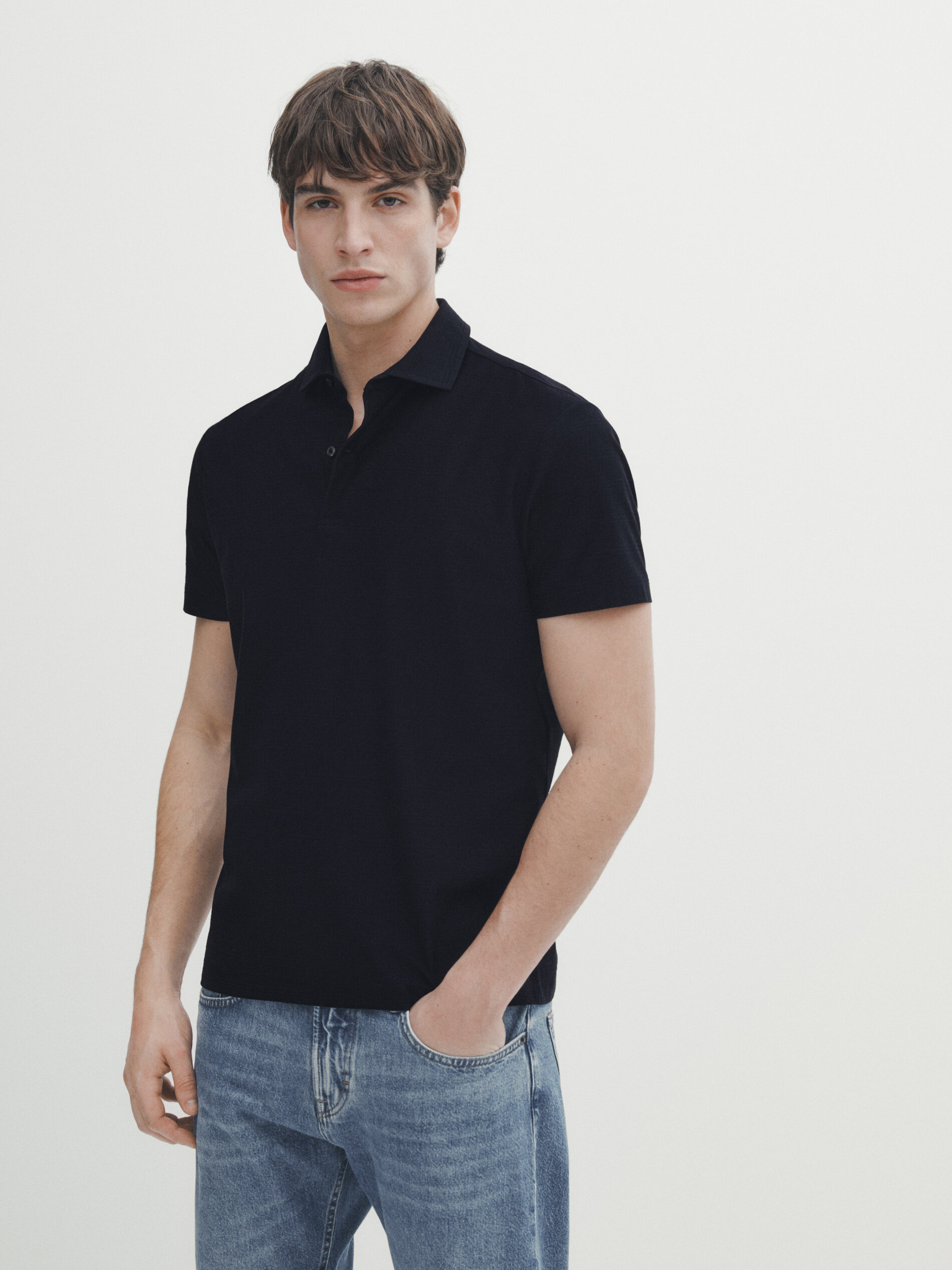 Camisa polo listrada em jacquard de algodão - AZUL MARINHO