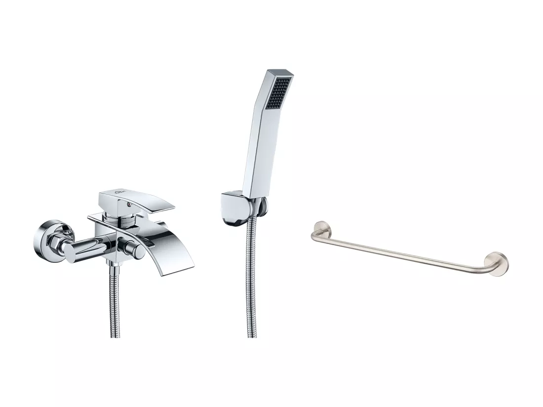 AuraLum max Mitigeur de Baignoire en Cascade avec Pommeau de douche,Laiton Chrome+60cm Porte-Serviettes Salle Bain Auto-adhésif /Perçage en Inox 304