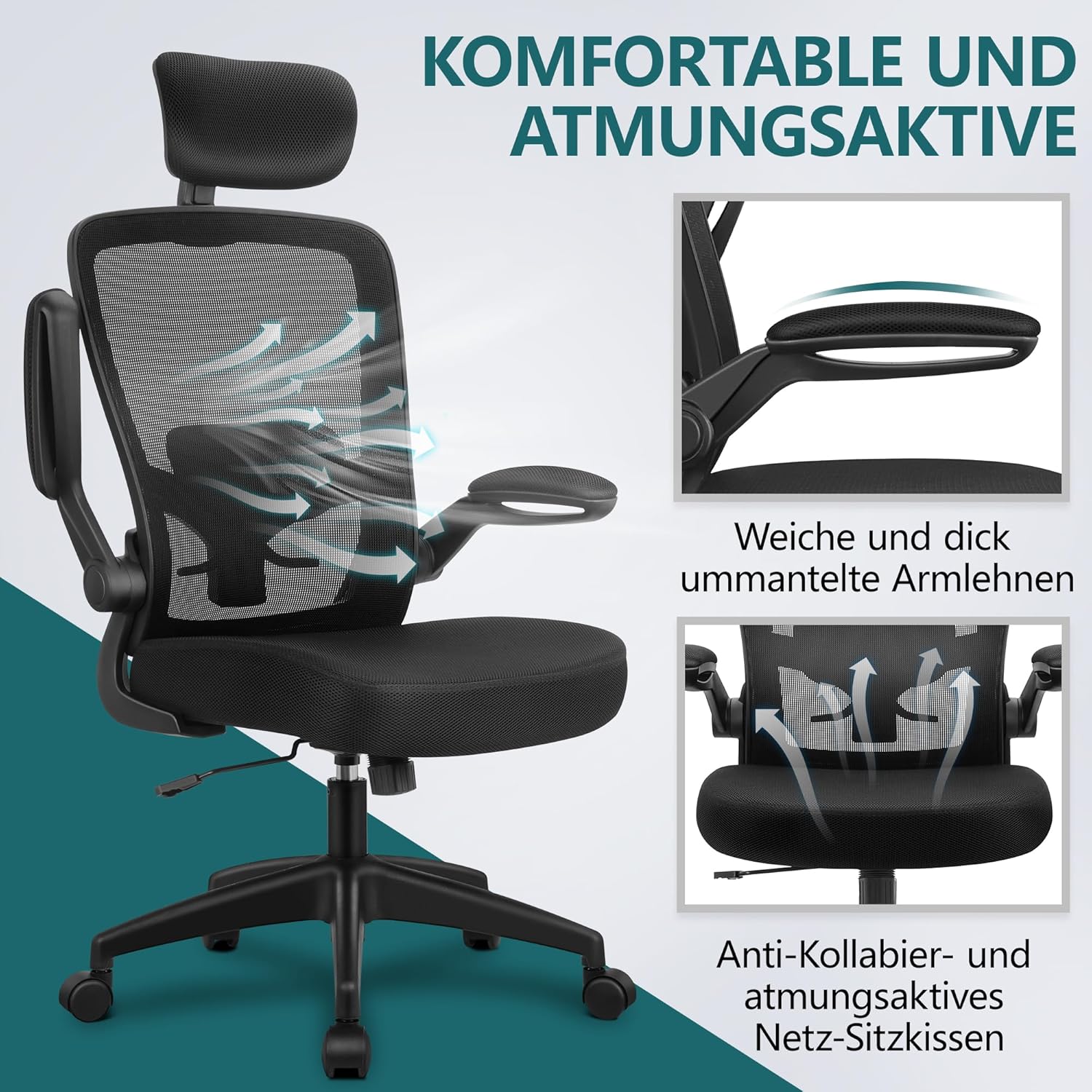 FelixKing Bürostuhl Ergonomischer schreibtischstuhl mit Verstellbarer Kopfstütze, Armlehnen, Lendenwirbelstütze, Hoher Rücken Office Chair, Schreibtischstuhl bis 300LB Belastbar(Schwarz)